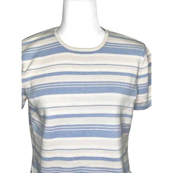 Talbots Blue Beige Cream Striped Cotton Rayon Short Sleeve Sweater - Picture 7 of 7